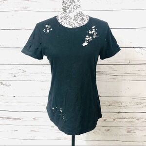 Cloth. by RD Distressed Cotton Raw Edge Short Sleeve T-Shirt with Holes Black XS